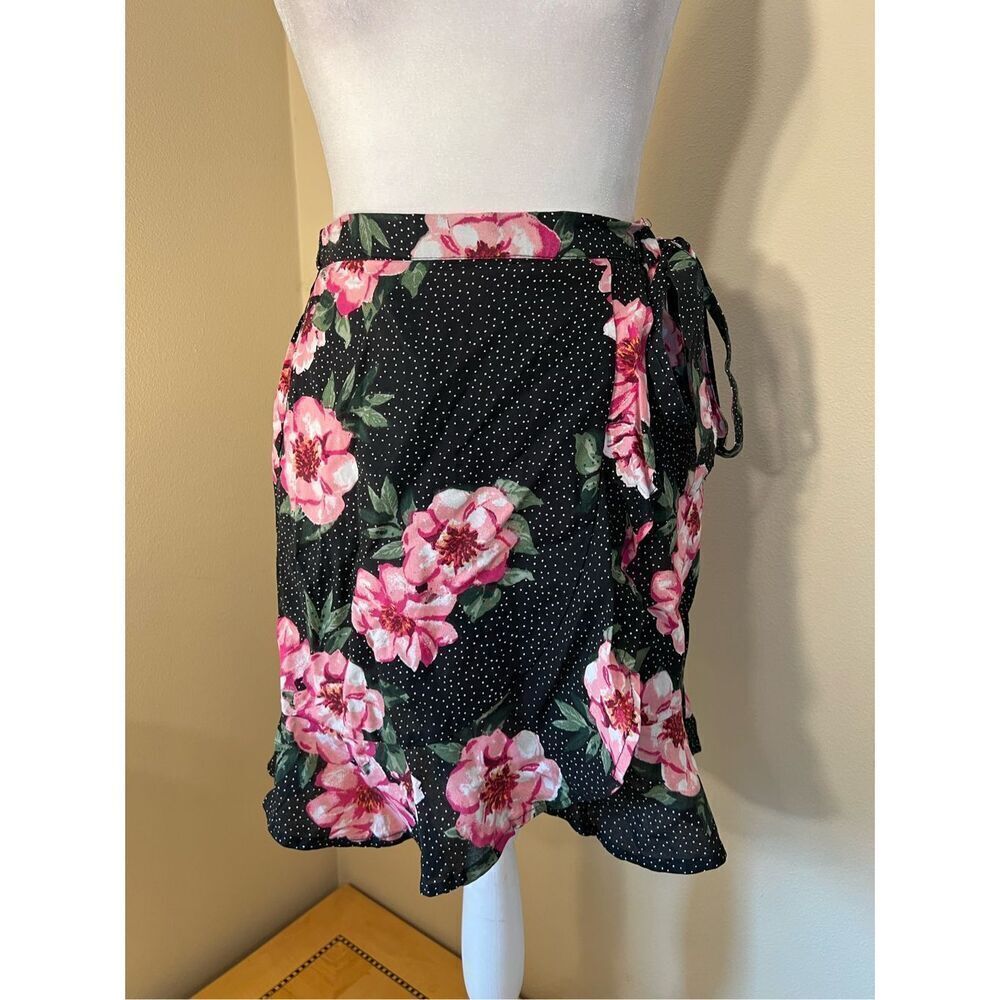 Planet Gold Black White Polka Dot w Pink Floral Faux Wrap Mini Skirt Small